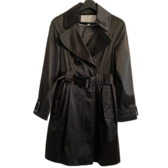 NWOT Jessica Simpson Sz M Classic Black Trench Coat, Belted - Picture 2 of 12